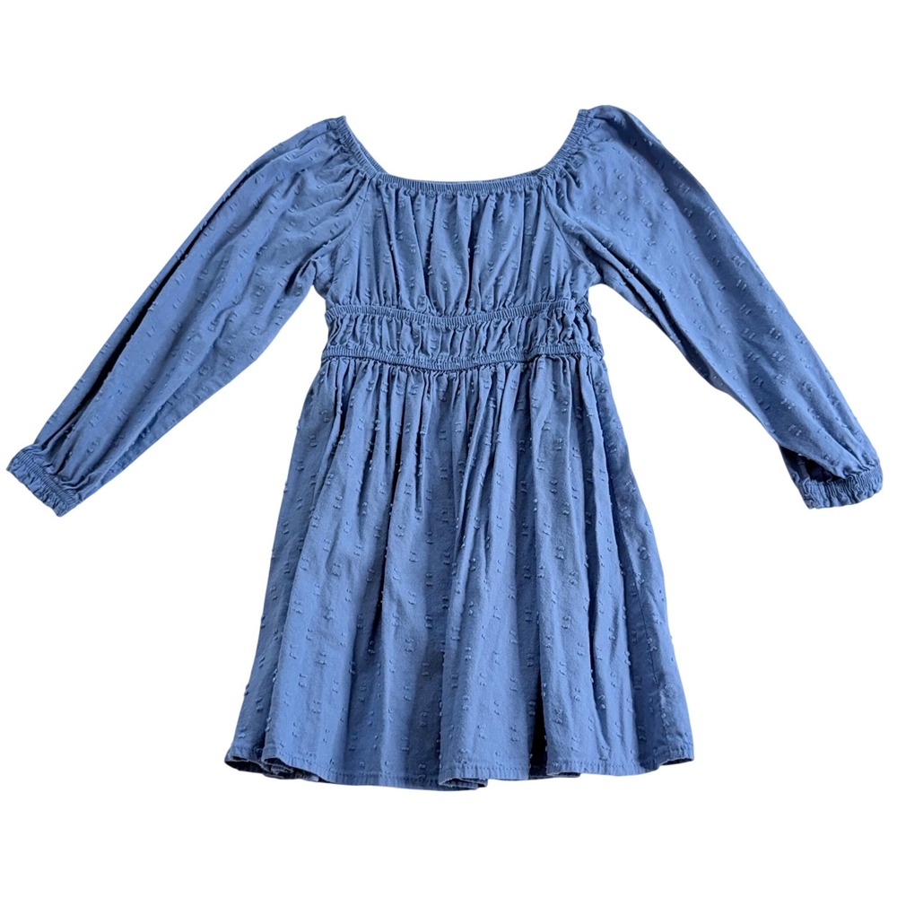 Wonder Nation Dress Kids 4T Blue Swiss Dot Smocked Waist Long Sleeve Square Neck